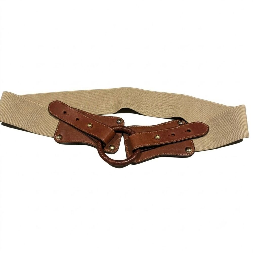 J. McLaughlin Belt Wide Elastic Waist Brown Leather O Ring Stretch Womens sz S/M